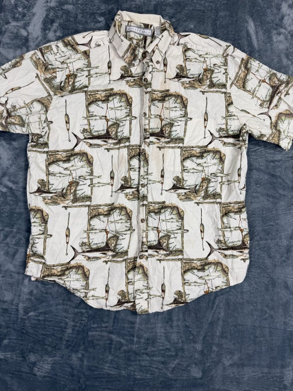 Monte Carlo Mens Fishing Map Print Short Sleeve Button-Up Shirt L Cotton Casual
